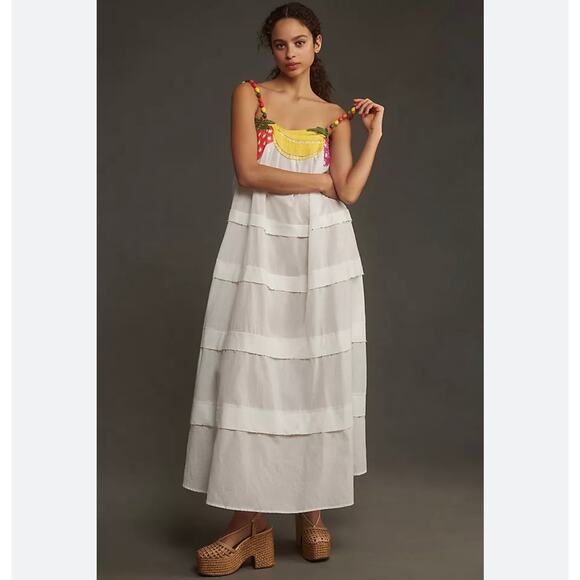 FARM Rio Fruits Richelieu Maxi Dress Asymmetrical Neck White Size M NWT